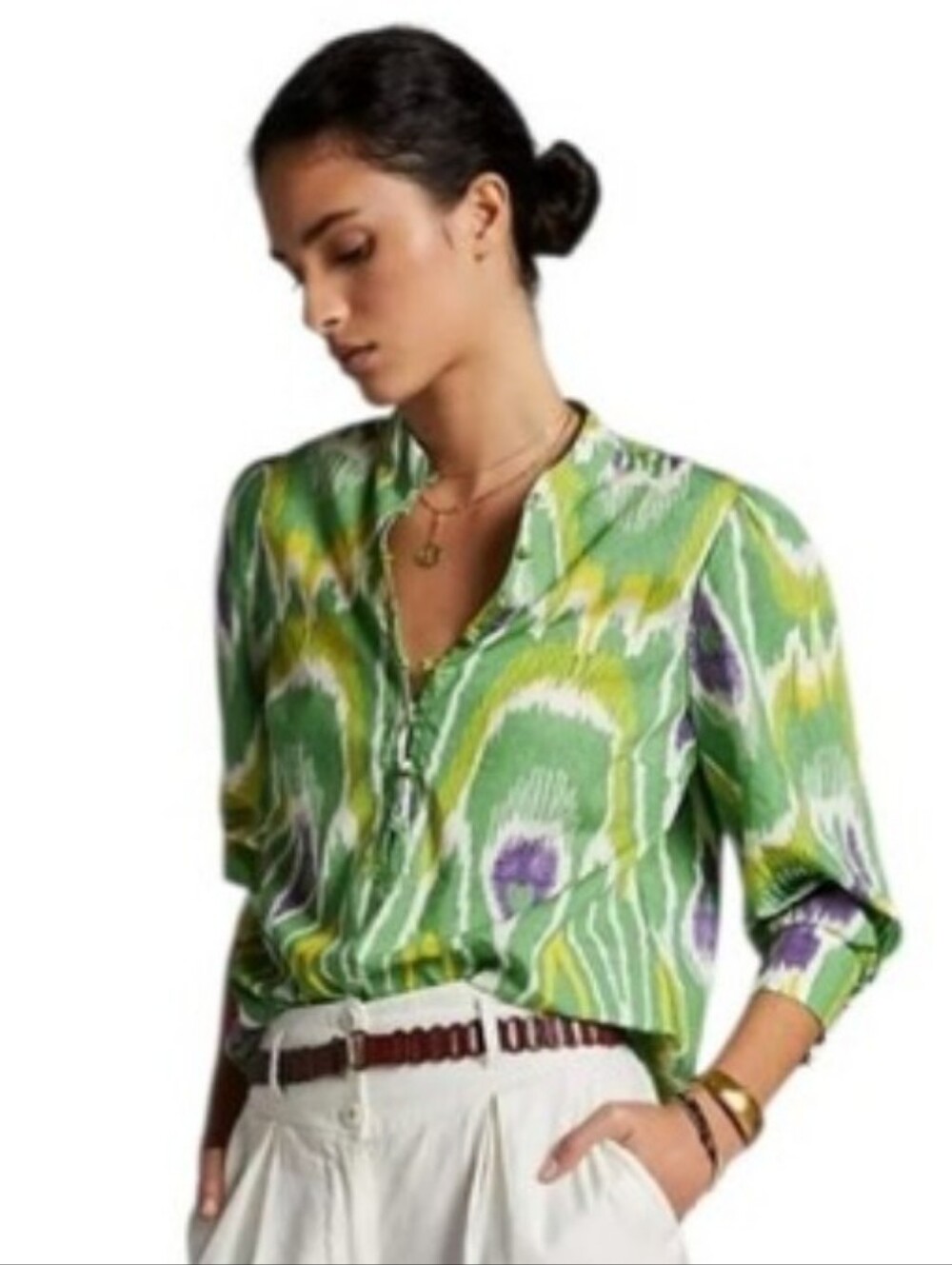 by Anthropologie Sharona Henley Blouse Green Yellow Purple Size Large